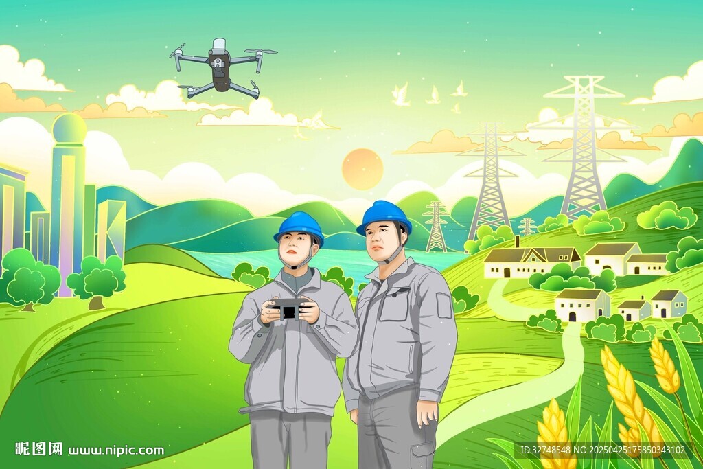 无人机运检电网电力海报手绘插画