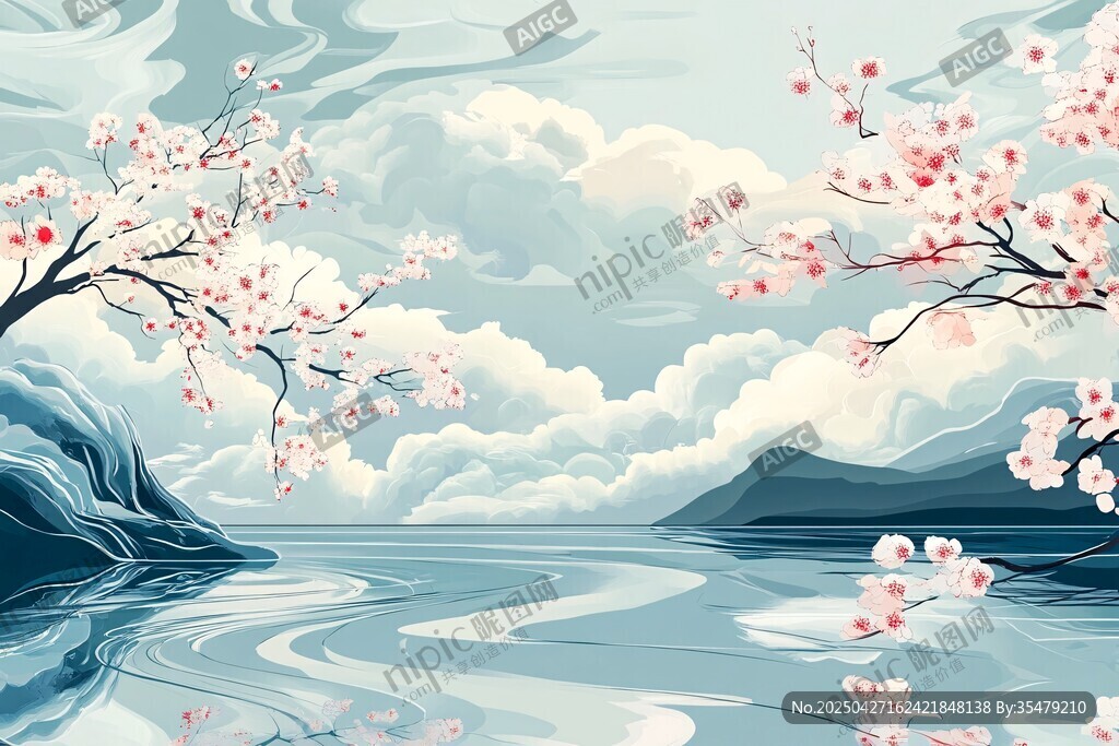 湖畔春景 繁花碧水映青山