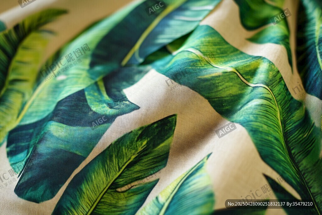 热带绿叶印花布料