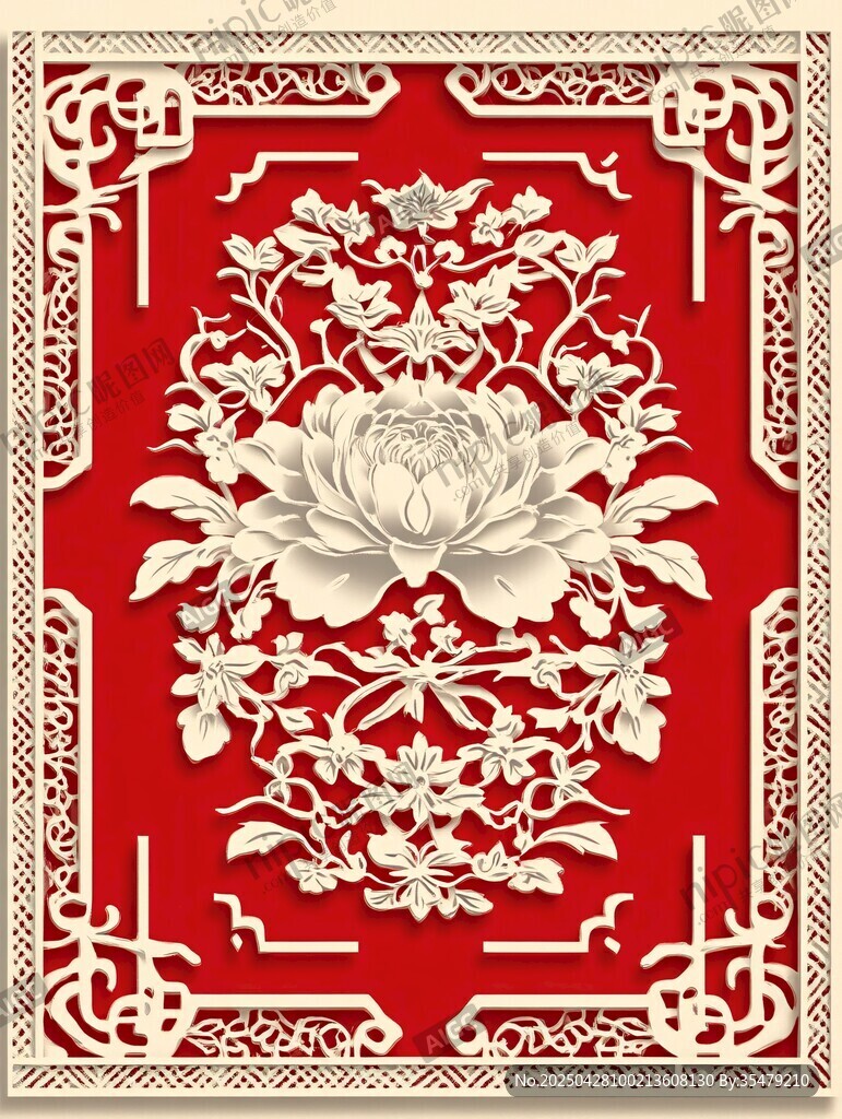 中式红底牡丹雕花图案