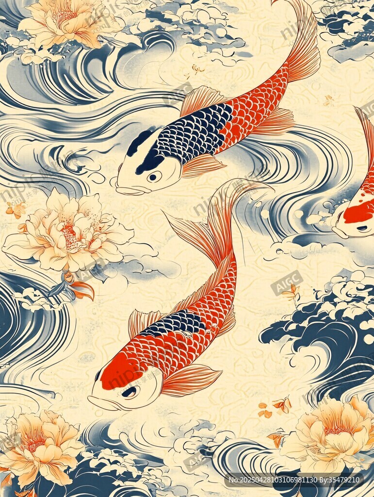 锦鲤戏浪间 繁花添雅韵