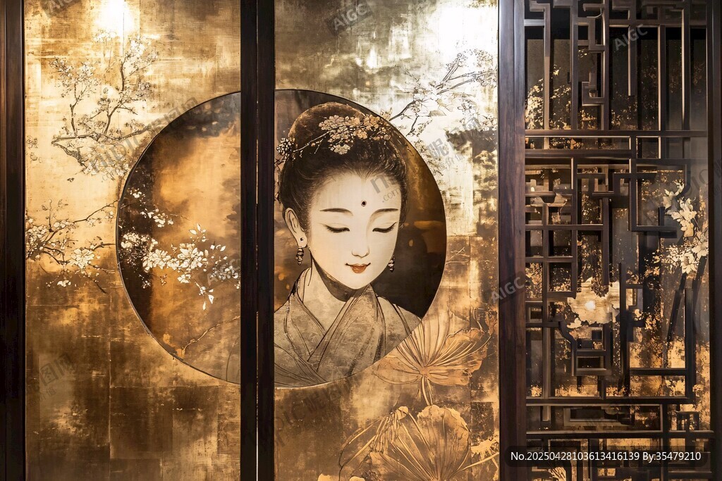 古典屏风上的东方美人