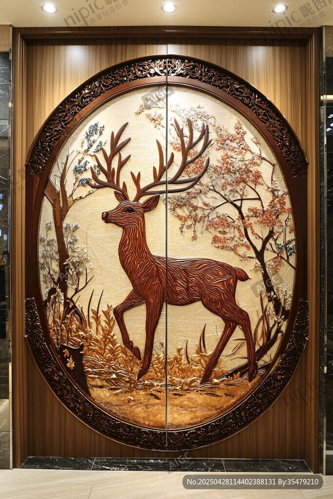 中式雕花鹿主题精美门饰