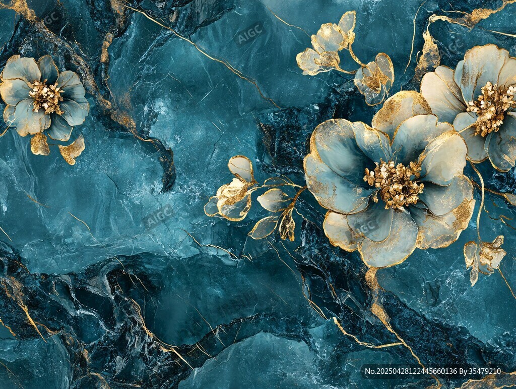 蓝金花卉大理石纹理图案
