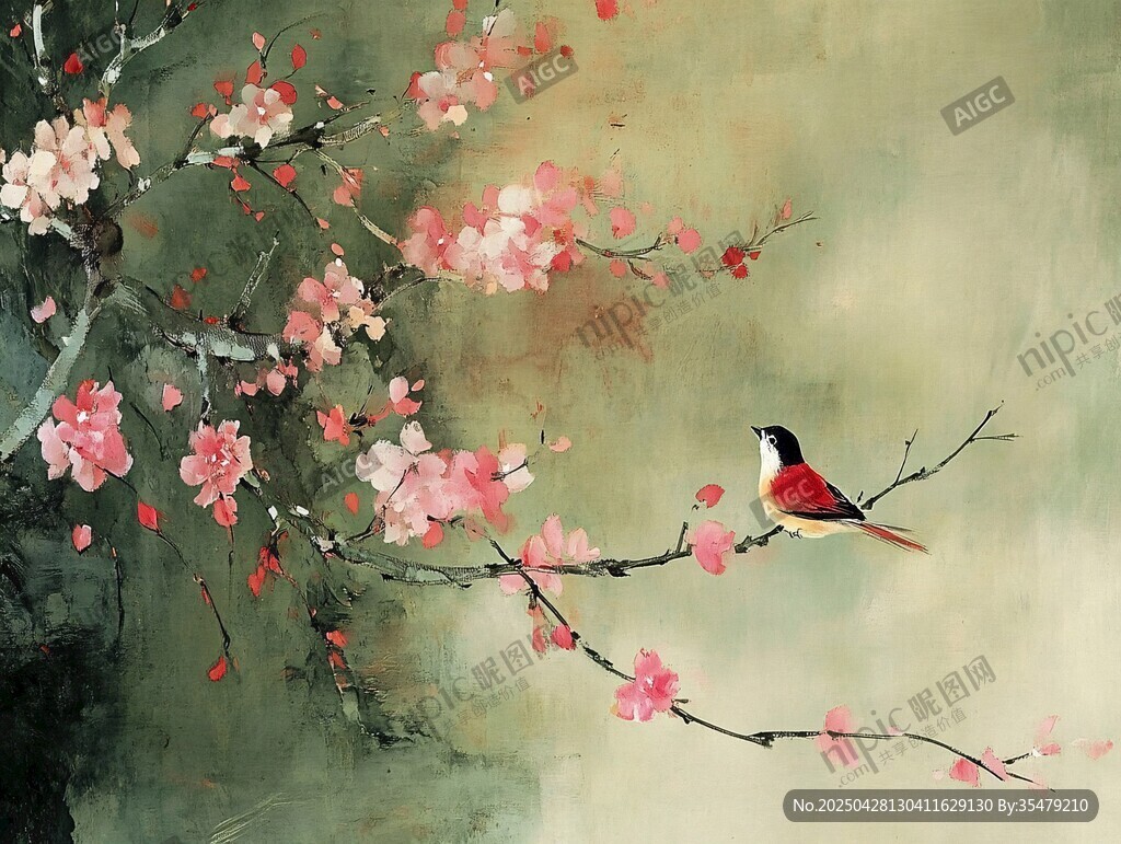 红梅枝头鸟栖图