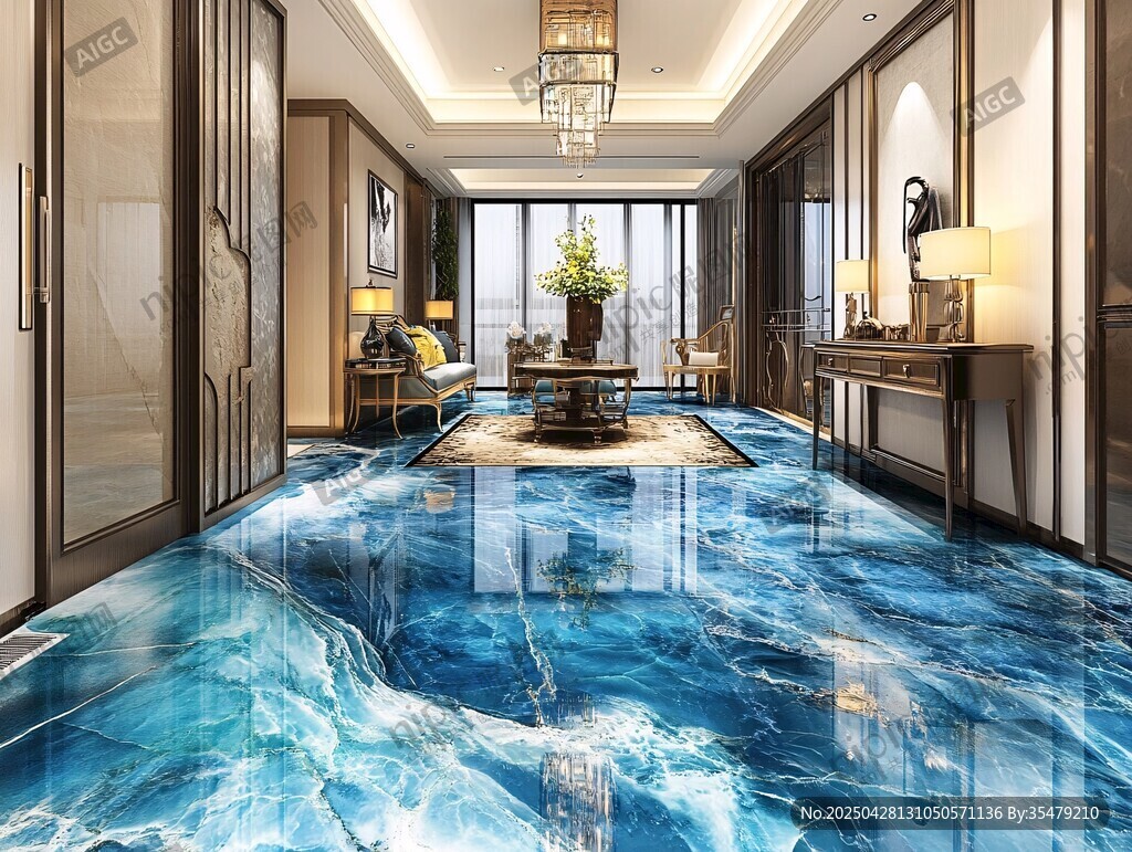 奢华客厅的蓝色大理石地板