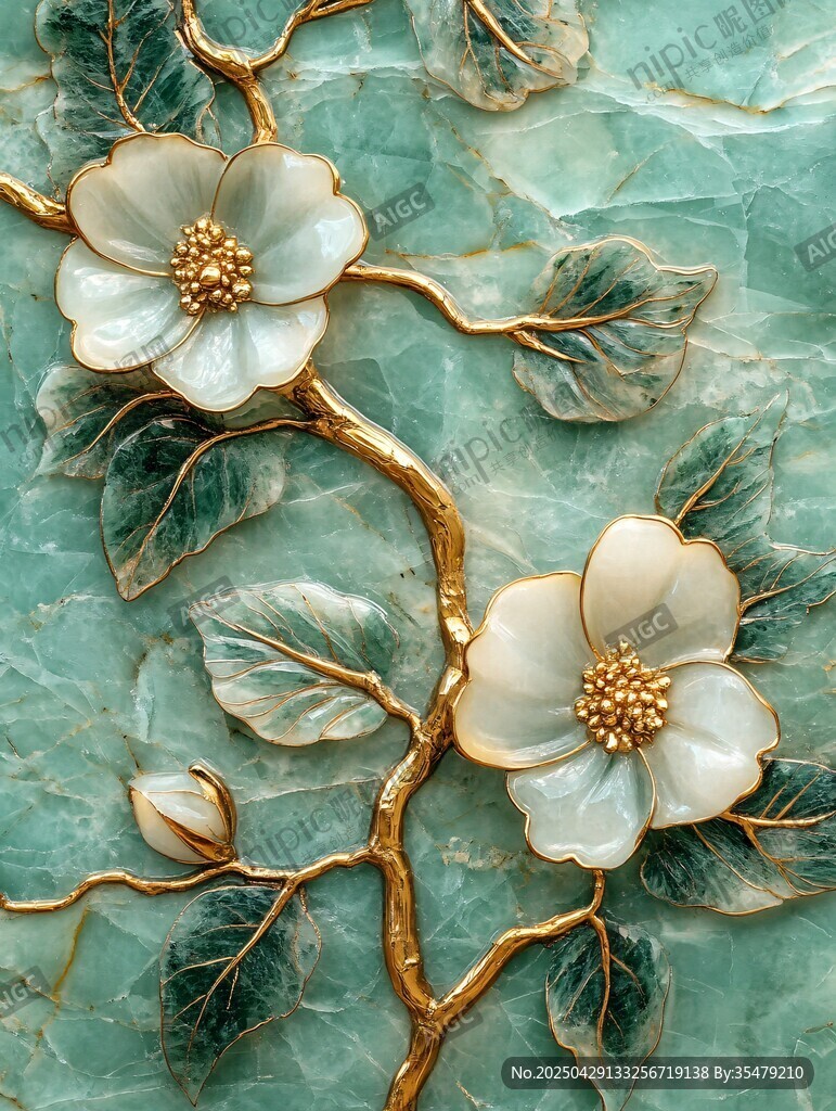 玉石金纹花卉浮雕装饰
