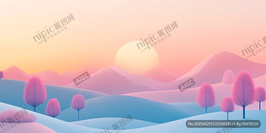 梦幻粉蓝系日落山林风景