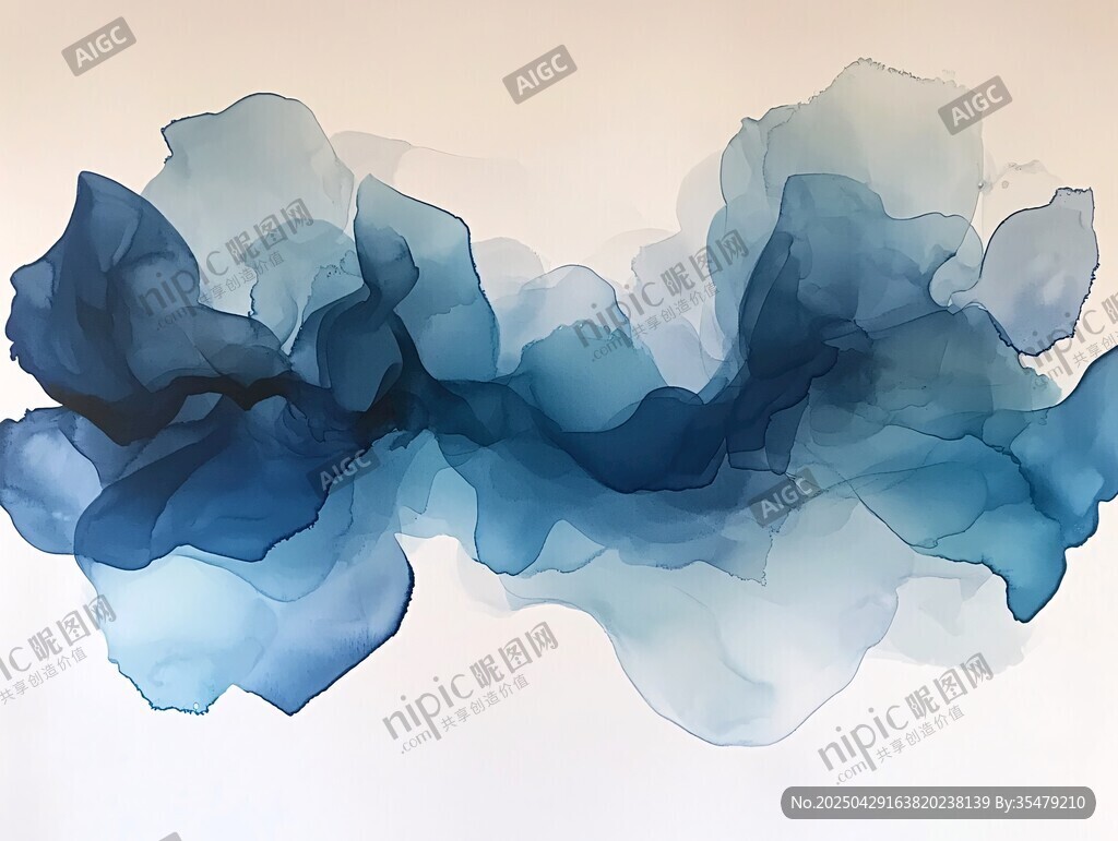 蓝色水墨晕染抽象艺术画