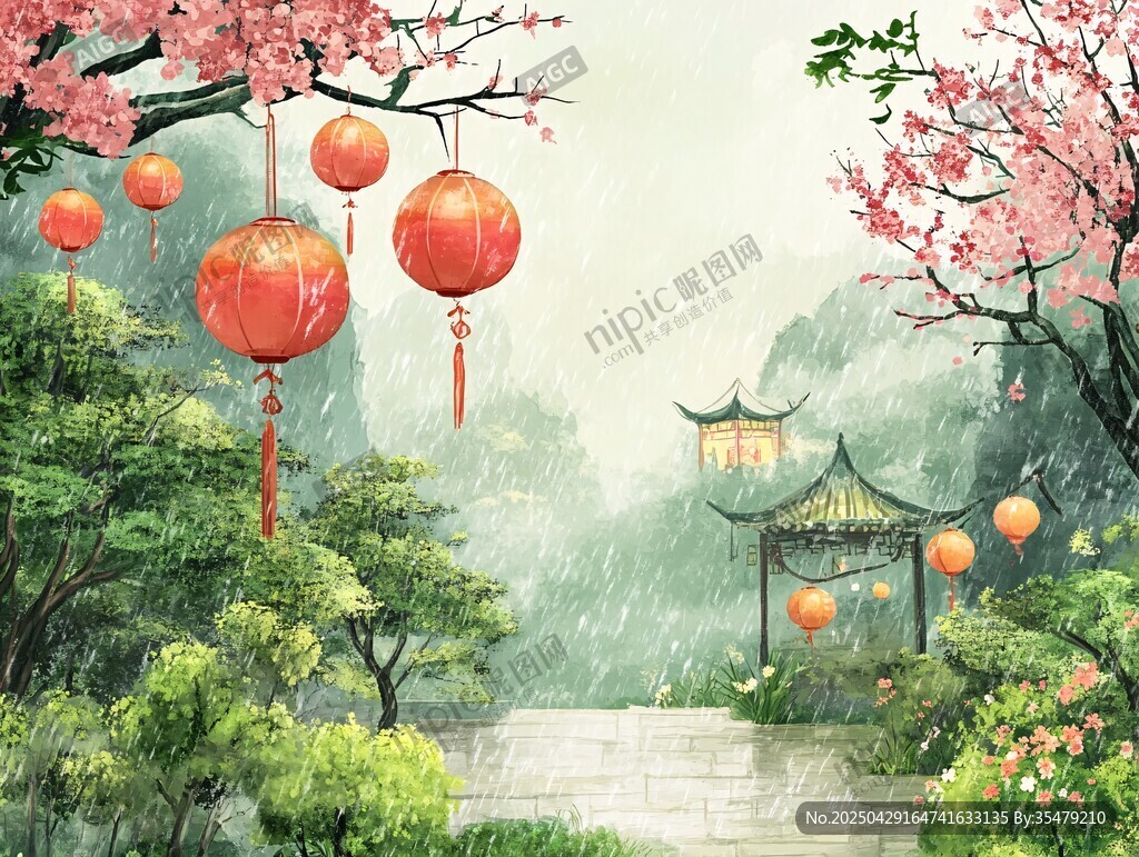 雨中桃林挂灯笼古景美