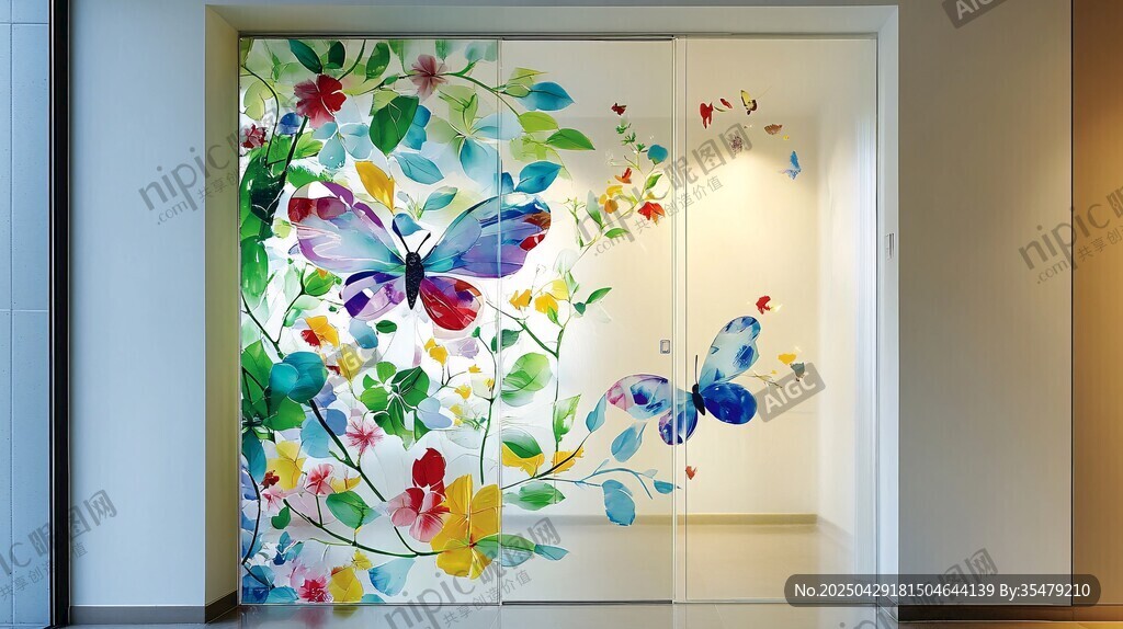 多彩花卉蝴蝶移门装饰图