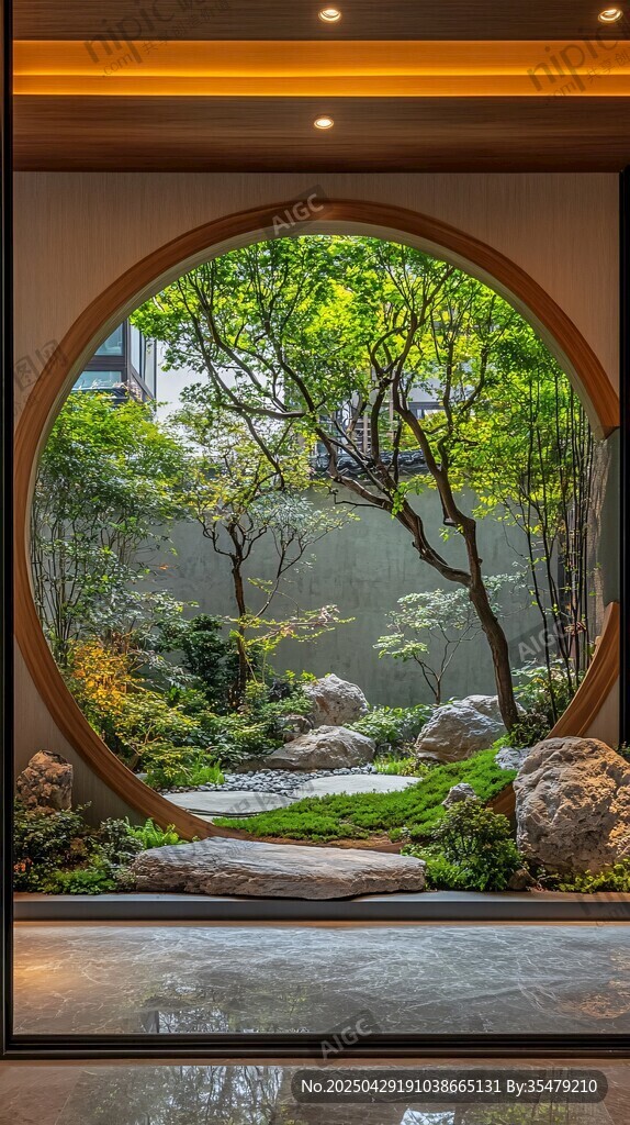中式圆窗内的雅致园林景