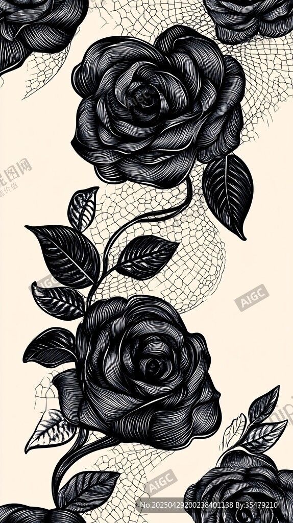 黑玫瑰与蕾丝花纹图案