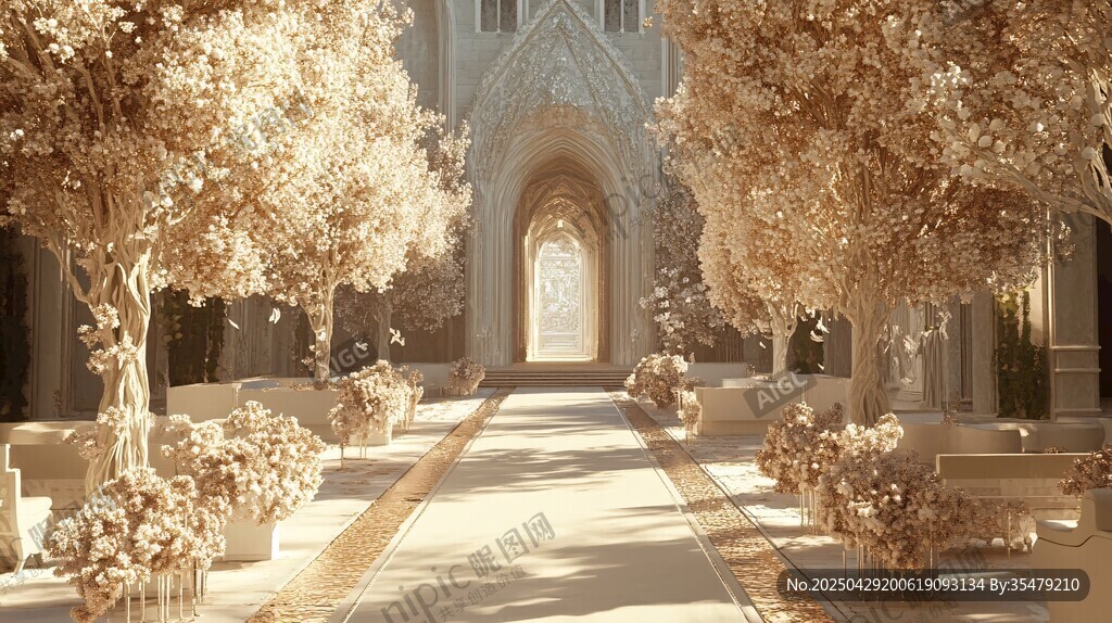 梦幻金色树阵中的神秘拱门