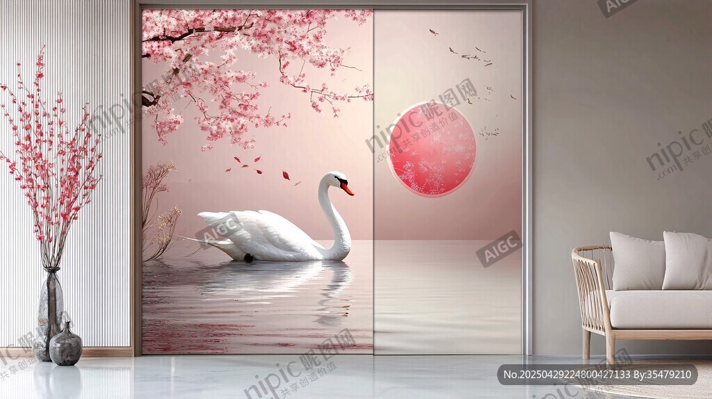 粉色天鹅梦幻中式背景墙