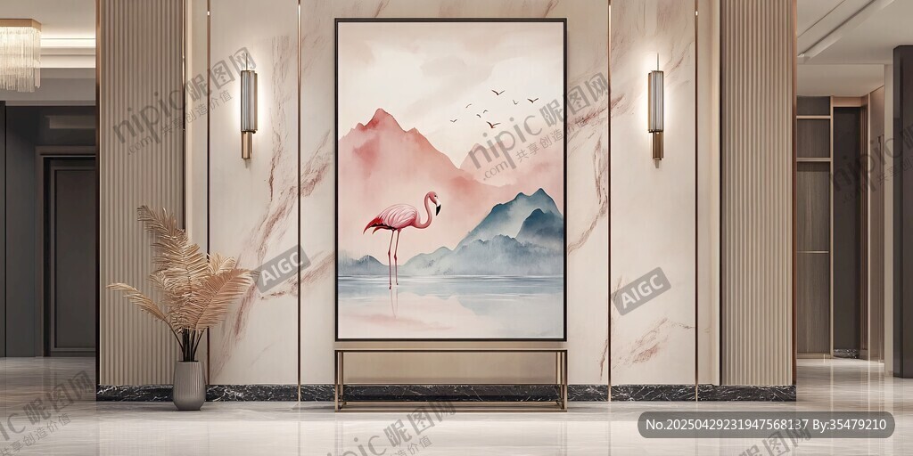 走廊中式山水火烈鸟挂画