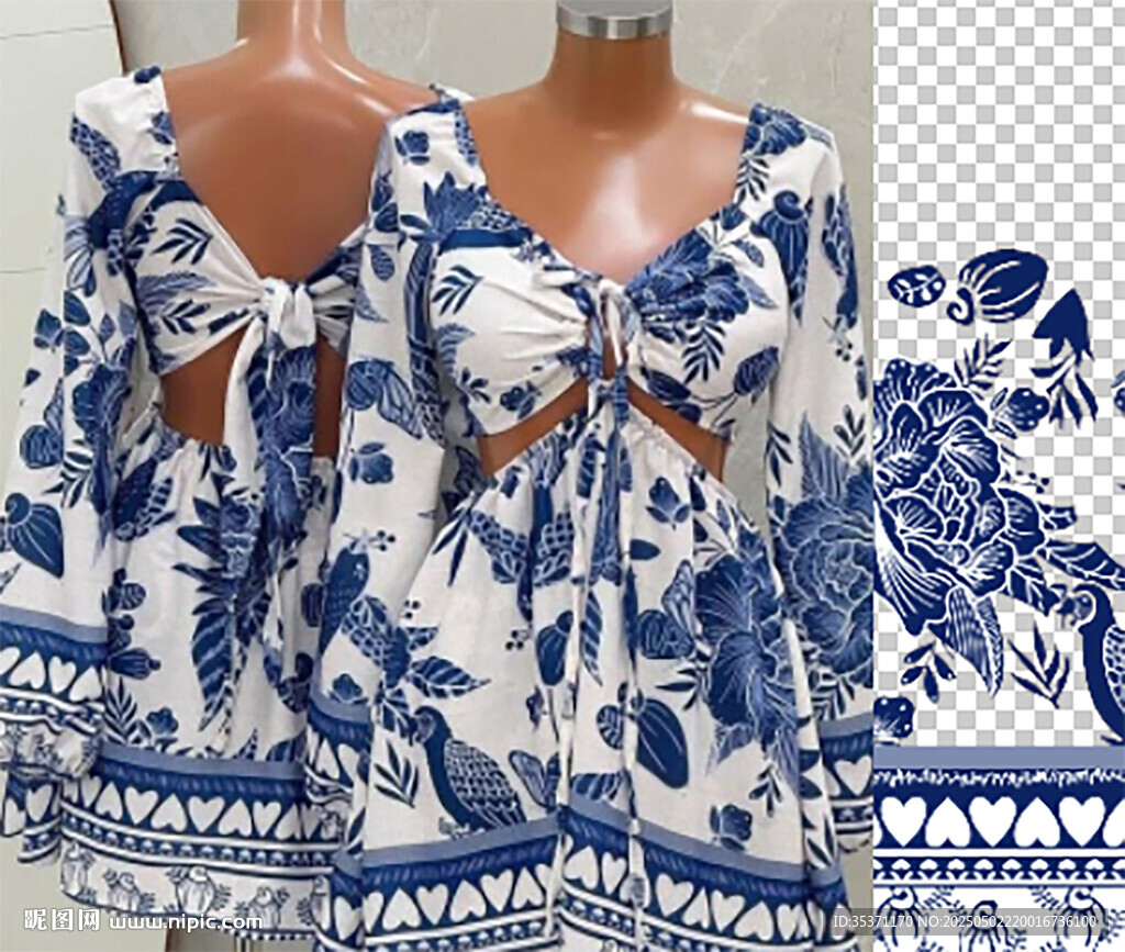 蓝白印花露背连衣裙展示