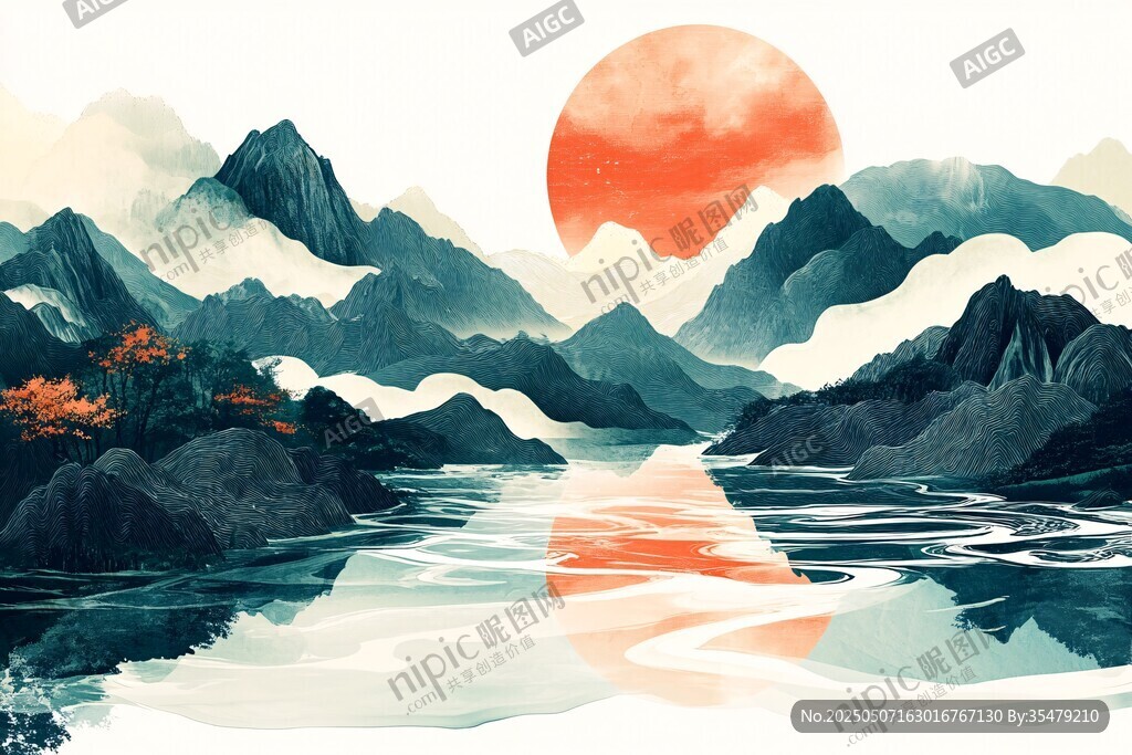 落日映山水诗意画卷