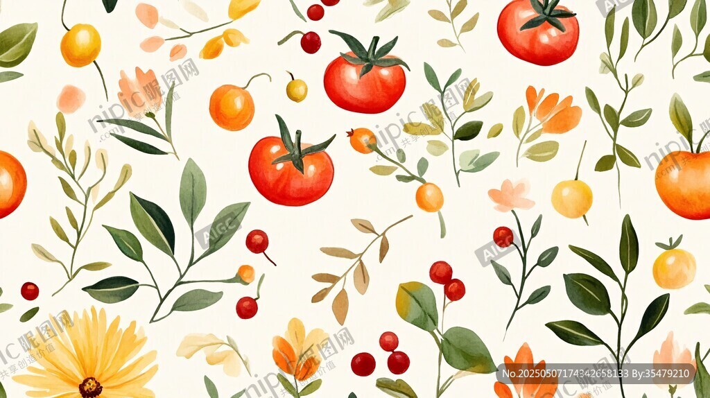 田园风蔬果花卉水彩图案