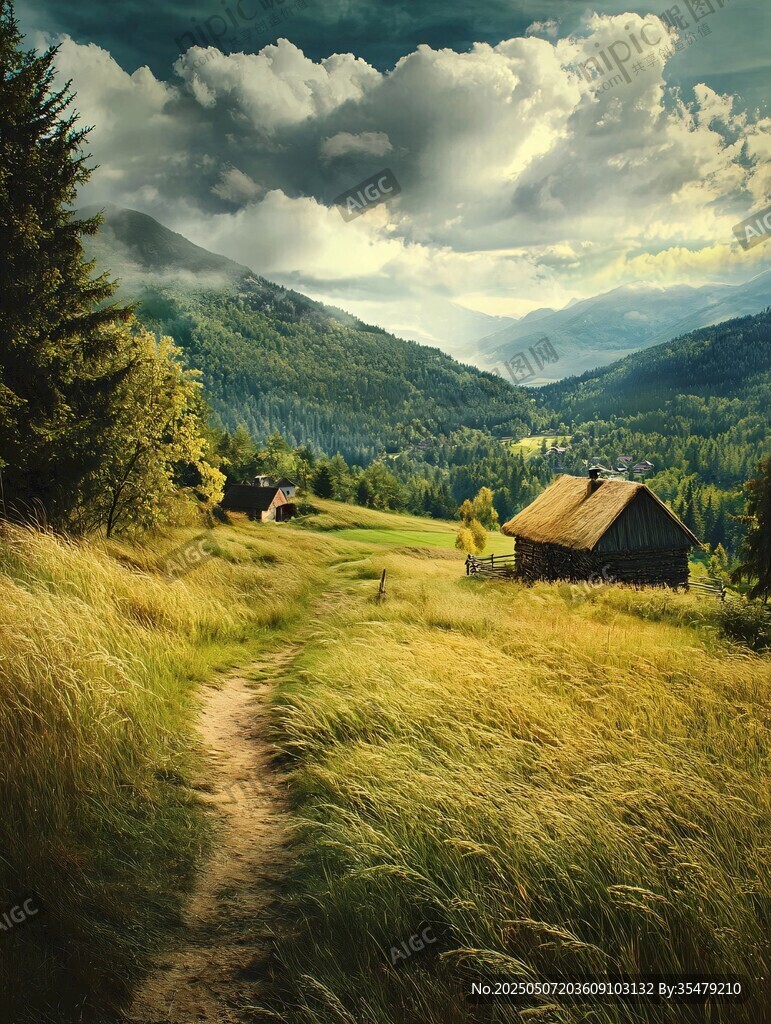 山间草径旁的静谧小木屋