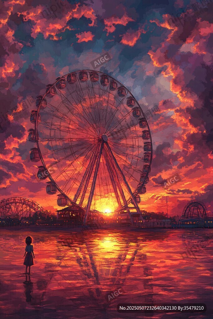 夕阳下的摩天轮与孤独身影