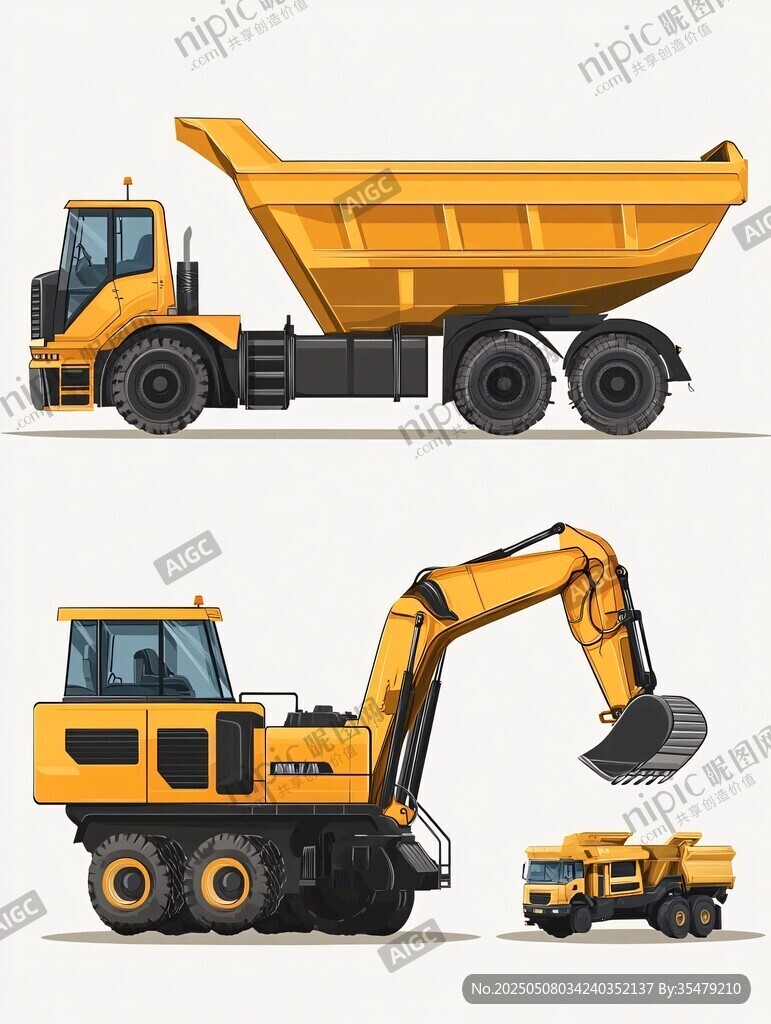 工程车插画 自卸车与挖掘机