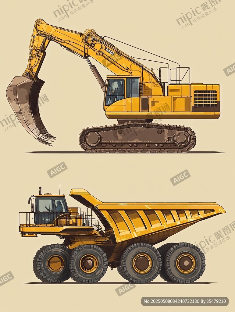 挖掘机与自卸车工程设备图