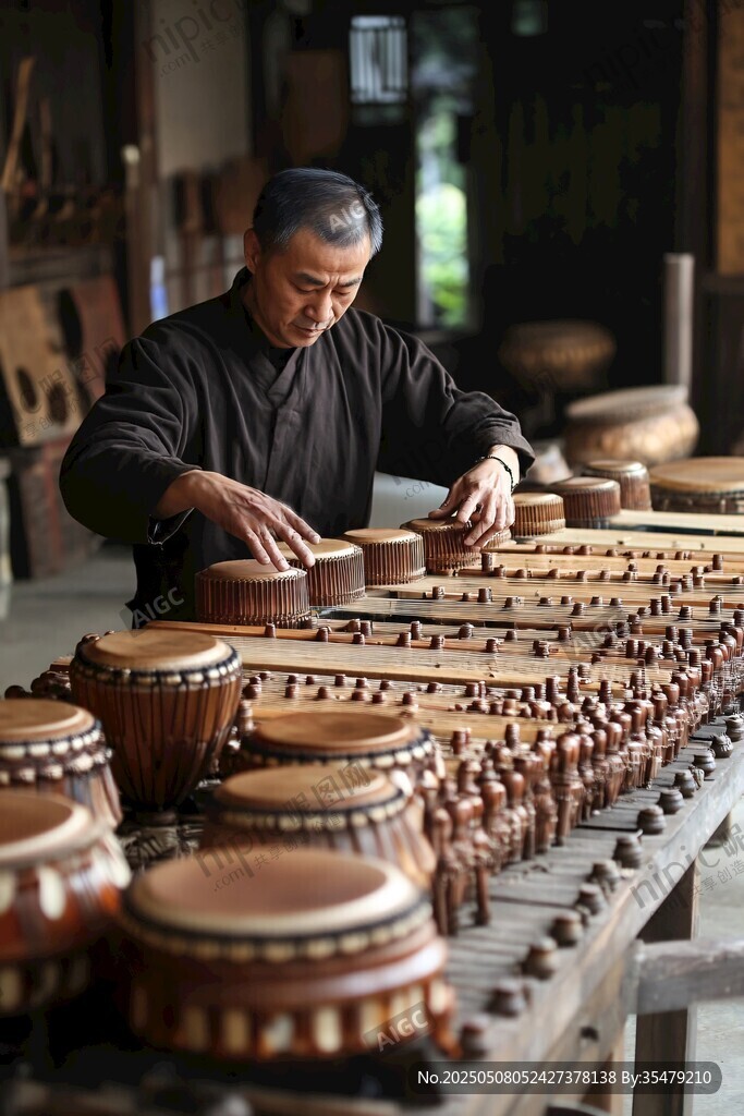 工匠专注制鼓的传统场景