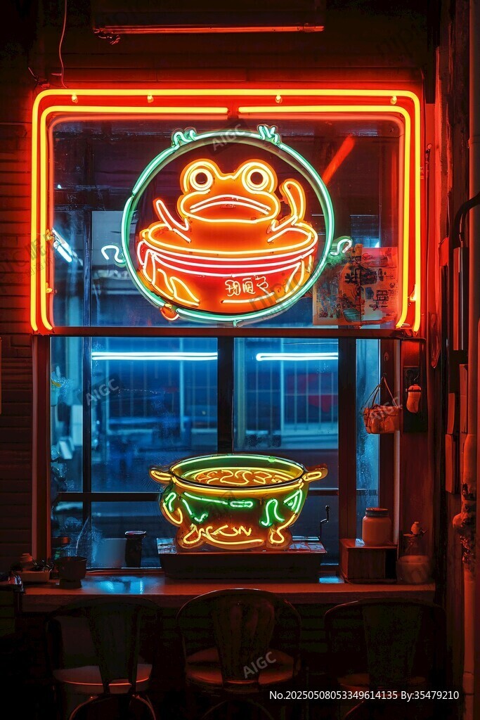 霓虹蛙锅店招夜景