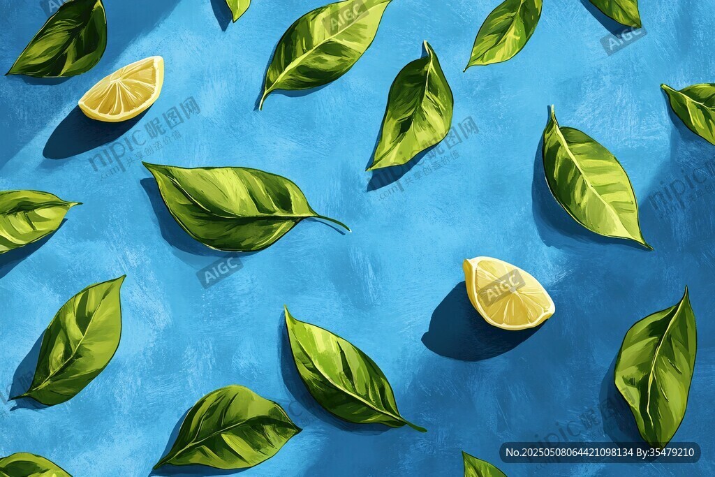 蓝底绿叶柠檬清新画面