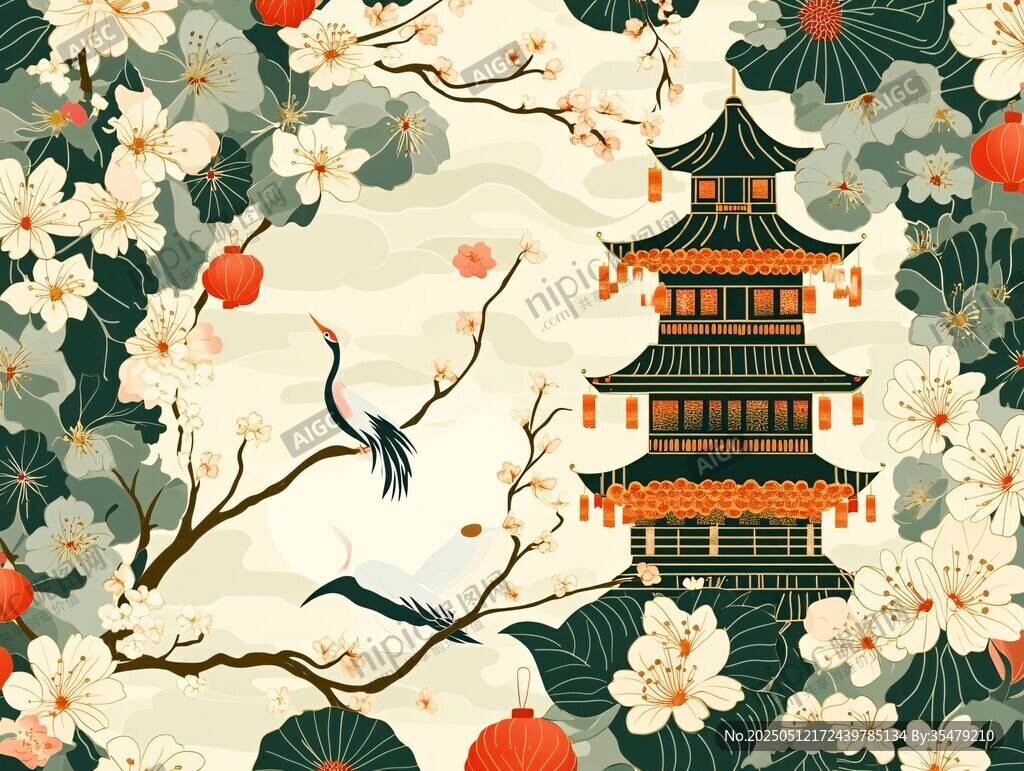 中式古风楼阁花鸟景致图