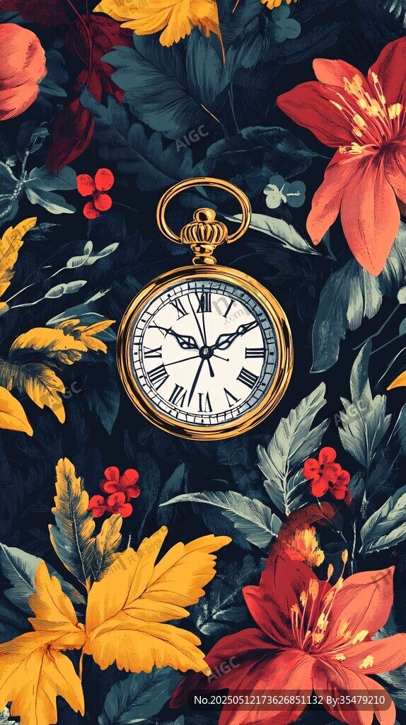 复古怀表与缤纷花卉图案