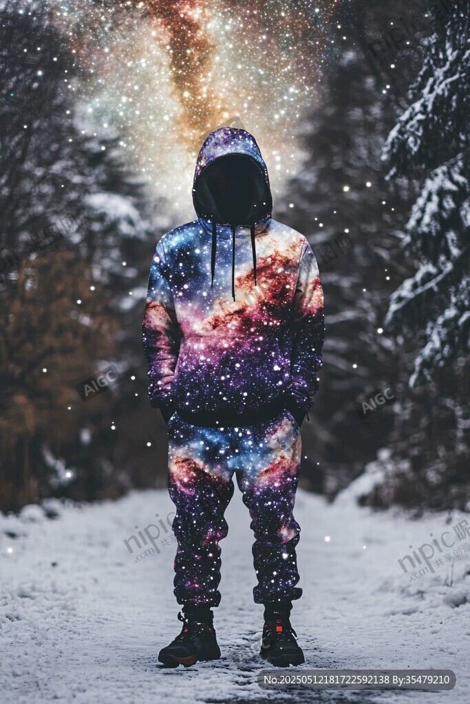 星空图案服装在雪地中展示