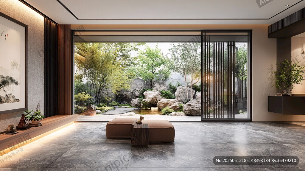 现代中式风客厅与庭院景致