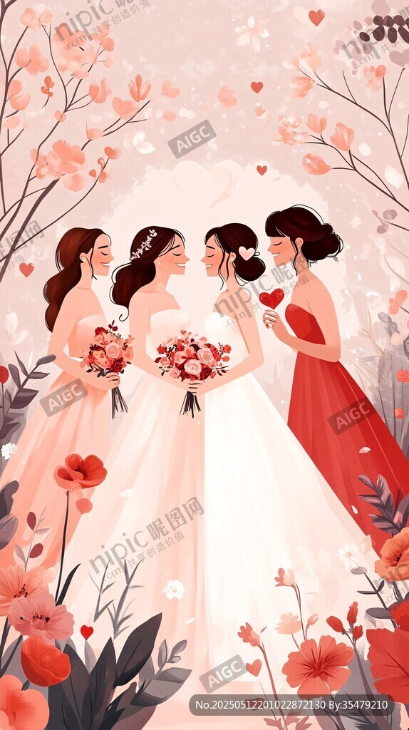 新娘与伴娘的浪漫花卉时刻