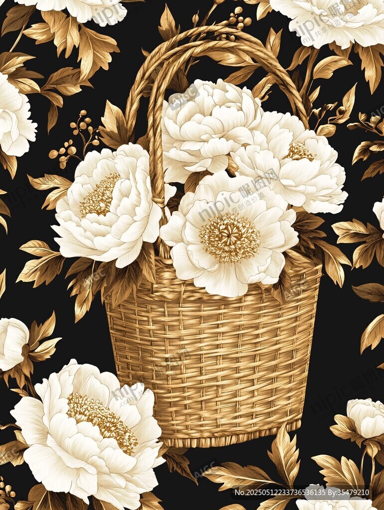 花篮牡丹黑金背景图案