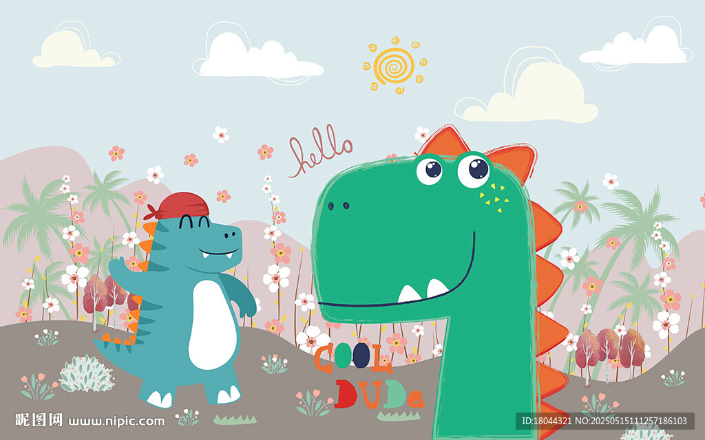 卡通恐龙花丛儿童房背景墙