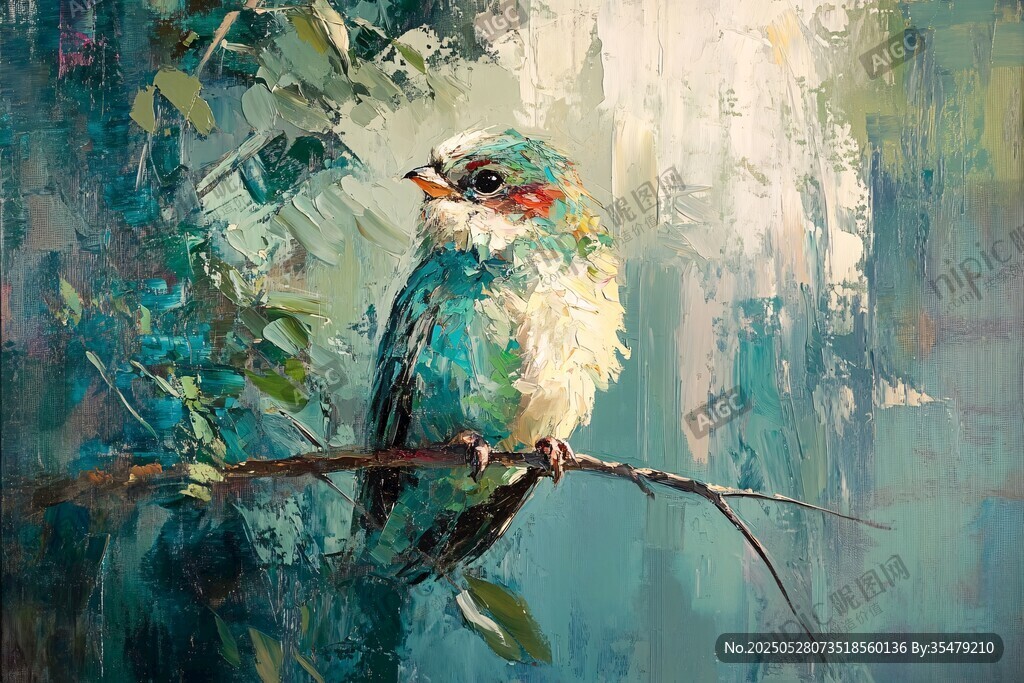 枝头彩鸟 梦幻油画风