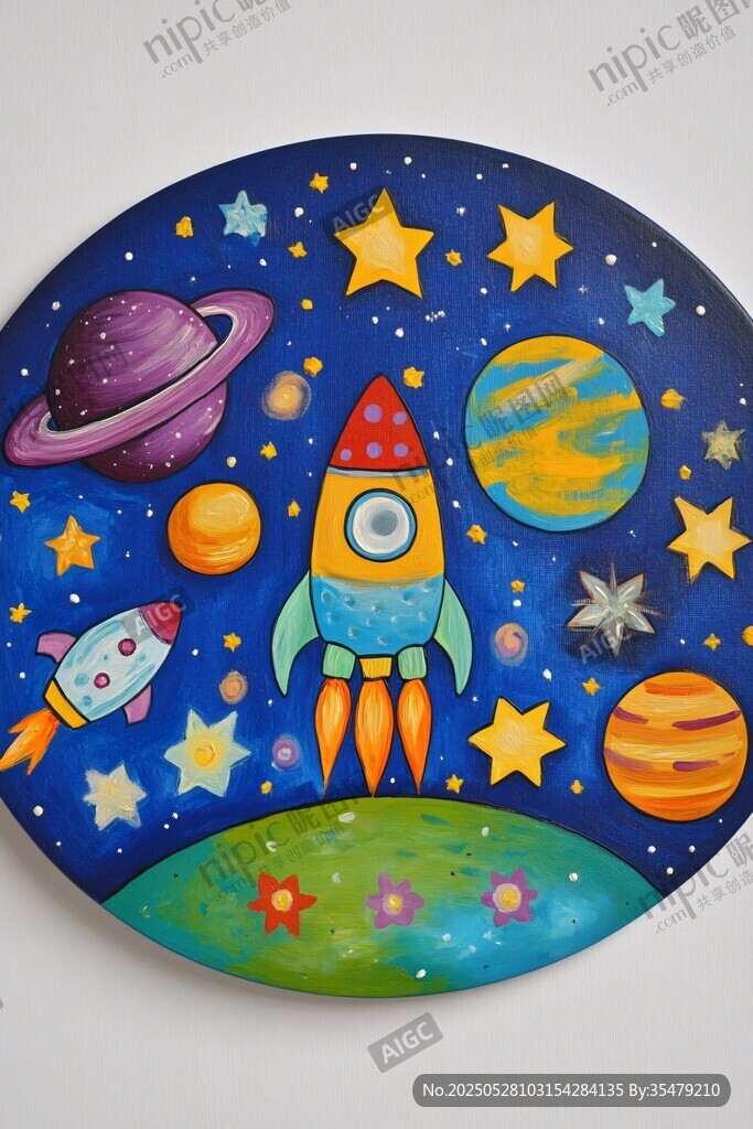 手绘梦幻太空主题圆盘画