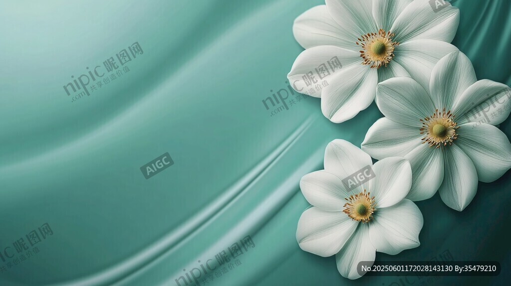 绿底三朵素雅白花卉