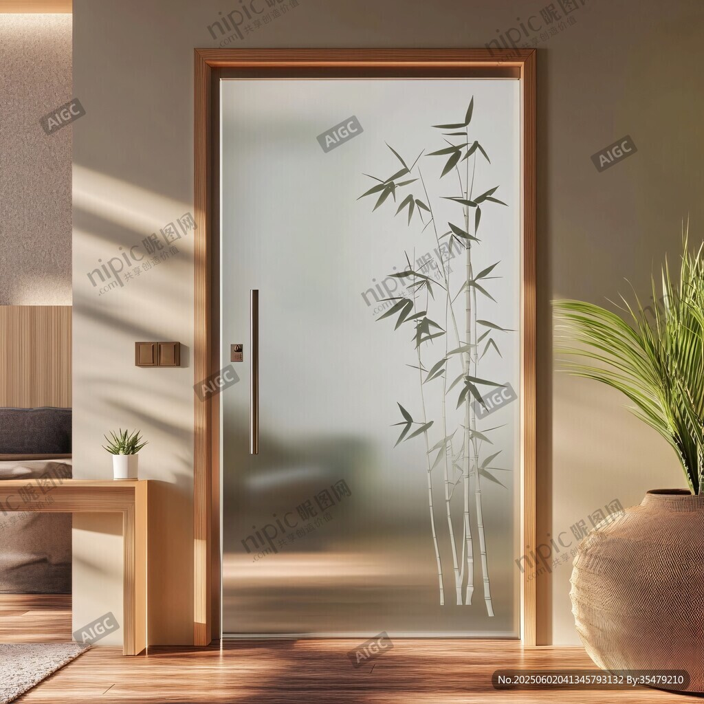 中式磨砂玻璃门 竹影雅致