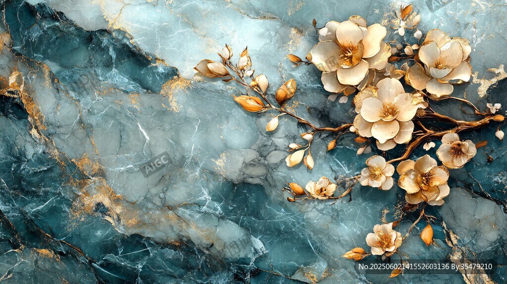 蓝绿大理石上的雅致花卉