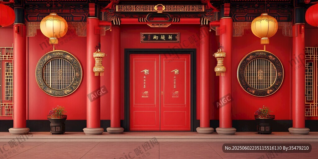 中式红门古建喜庆景象