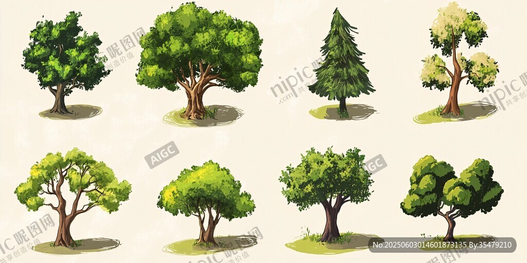 多样卡通风格树木插画