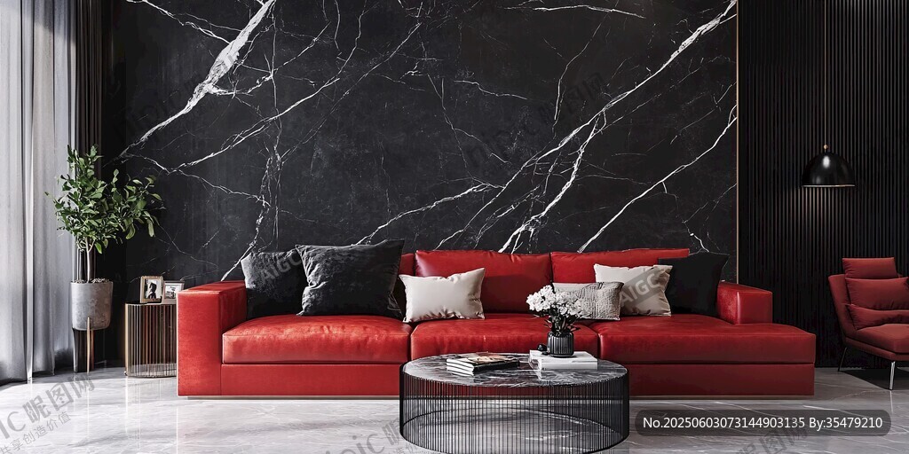 红沙发搭配黑色大理石客厅