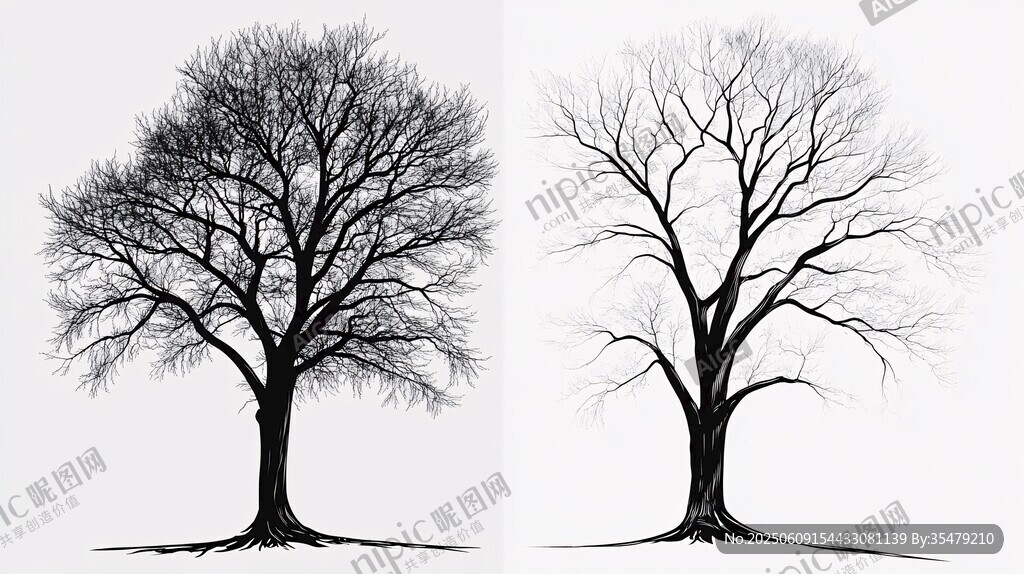 两棵黑白枯树对比画面
