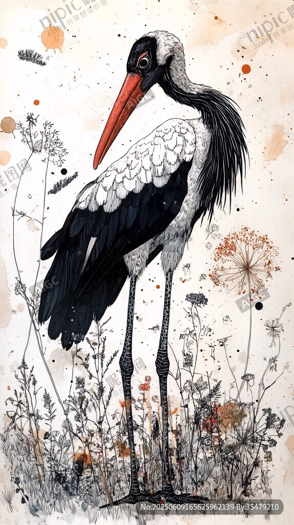 白鹳立花草间水彩画