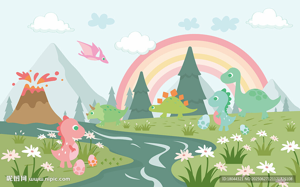 卡通恐龙世界儿童房背景墙