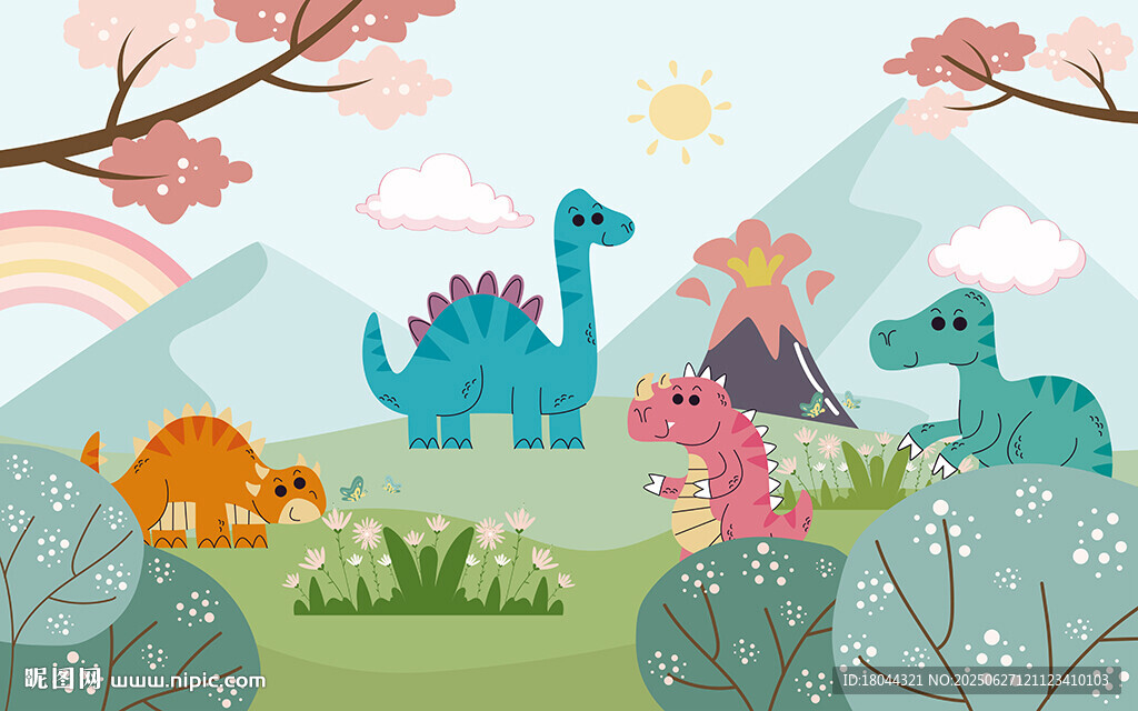 可爱恐龙世界儿童房背景墙