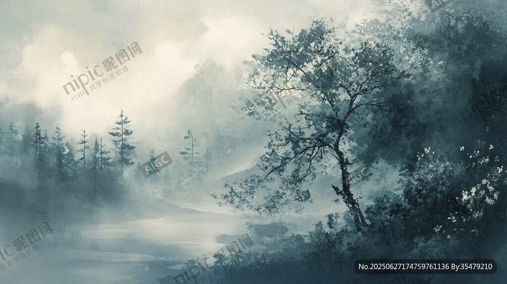 雾霭山林诗意自然景观